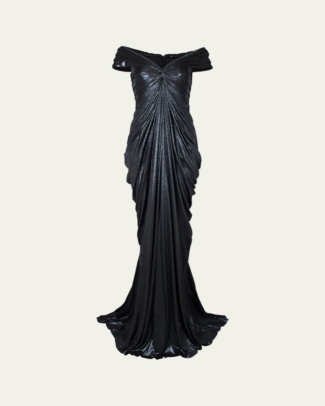 Ruched Off-Shoulder Metallic Jersey Gown